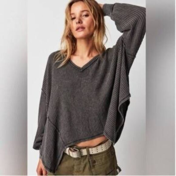 We The Free People Coraline Grey Waffle Knit Oversized Thermal Tee - Picture 1 of 5